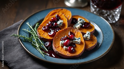 A delicious plate of roasted sweet potatoes paired with tangy cranberries and garnished with fresh herbs, offering a vibrant and flavorful dish. 