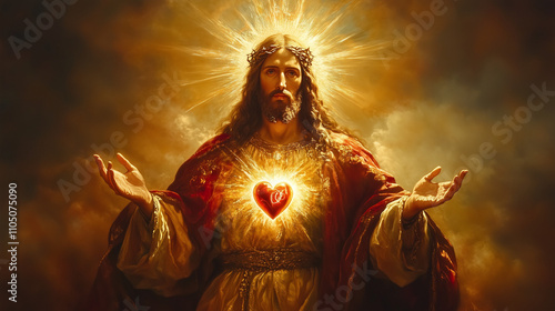 Jesus Christ with a glowing sacred heart and outstretched hands, surrounded by golden divine light