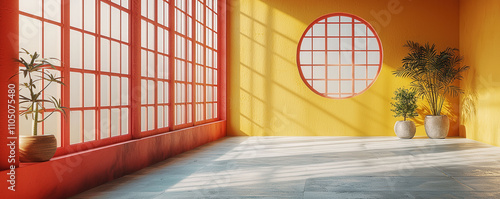 A room with a yellow wall and a red window. The window has a view of a lake