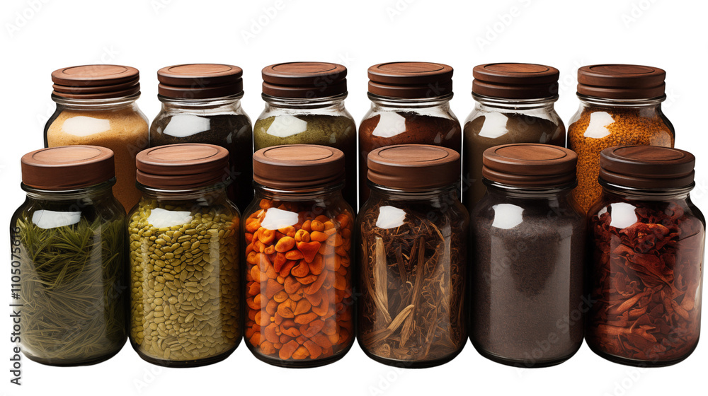 Neatly arranged spice jars with vibrant colors and textures. Brings a touch of warmth and charm to any kitchen space, isolated on transparent background. Neatly arranged spice jars with vibrant colors and textures. Brings a touch of warmth and charm to any kitchen space, isolated on transparent background.