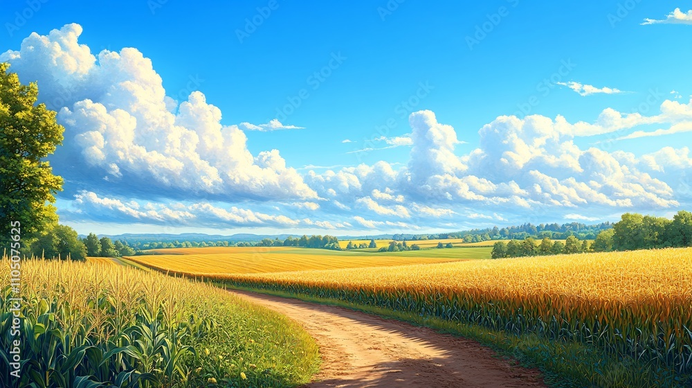 Fototapeta premium Vibrant rural landscape with a golden field trail leading to the horizon, surrounded by corn and freshly plowed fields for text placement.