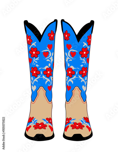 Red and blue cowgirl boots. Traditional western cowboy boots decorated with embroidered wild west ornament. Vector art illustration isolated on transparent background.