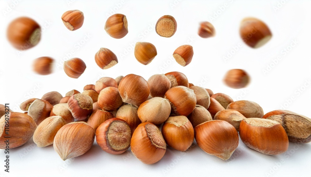 Falling hazelnuts isolated white background Falling hazelnuts isolated white background