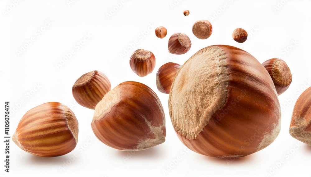 Falling hazelnuts isolated white background Falling hazelnuts isolated white background