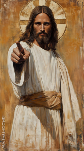 Artistic portrayal of Jesus pointing forward with a textured painterly background in warm tones