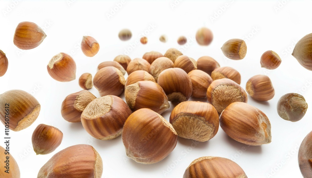 Falling hazelnuts isolated white background Falling hazelnuts isolated white background