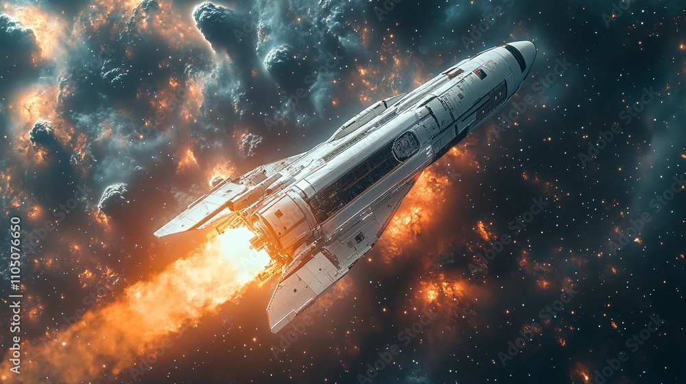 Futuristic rocket vehicle soaring through the cosmos, showcasing the marvels of modern space transportation technology. Futuristic rocket vehicle soaring through the cosmos, showcasing the marvels of modern space transportation technology.