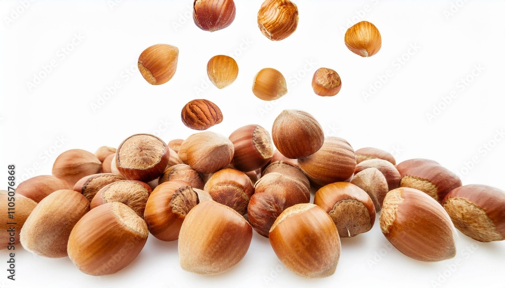 Falling hazelnuts isolated white background Falling hazelnuts isolated white background
