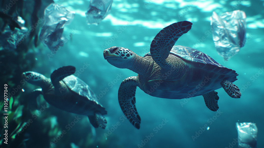 Fototapeta premium Sea Turtles Swimming in Polluted Ocean with Plastic Bags