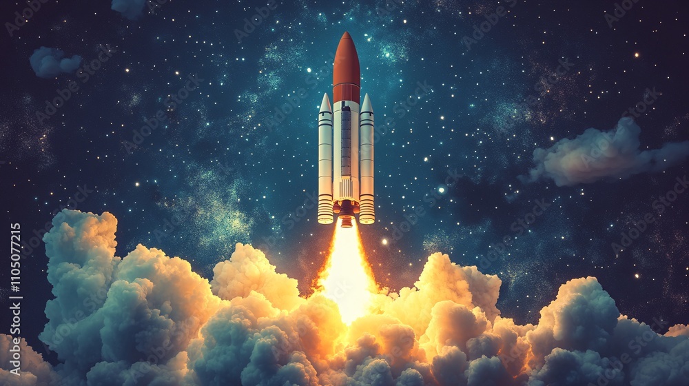 Fototapeta premium Illustration of a rocket vehicle in a launch sequence, emphasizing the excitement of space transportation and exploration.