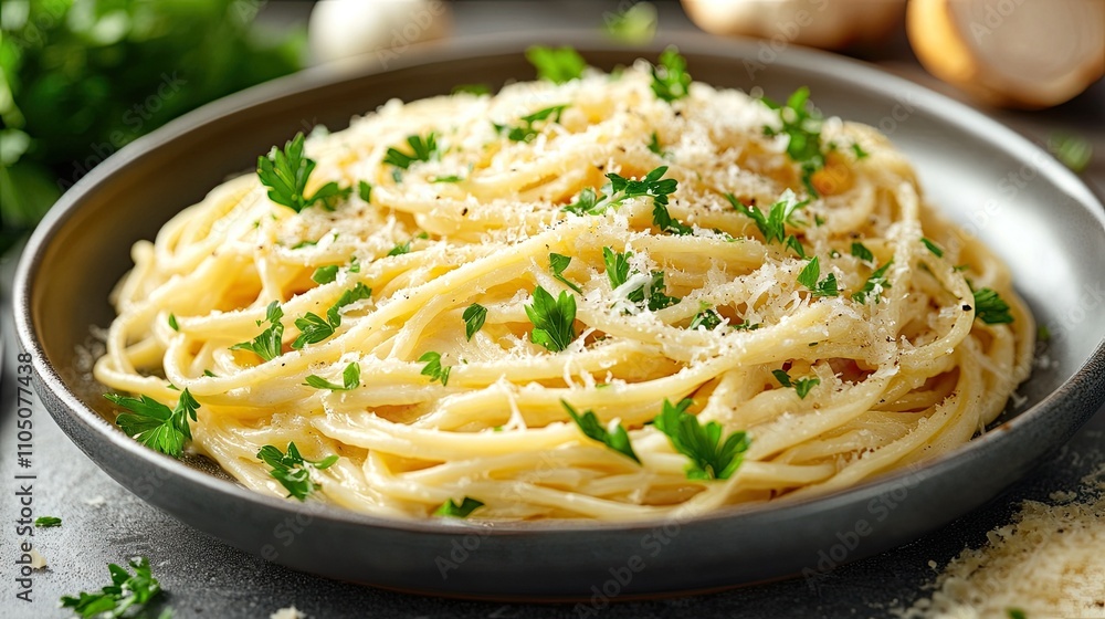 a plate of creamy spaghetti carbonara topped with grated Parmesan and fresh parsley. a plate of creamy spaghetti carbonara topped with grated Parmesan and fresh parsley.