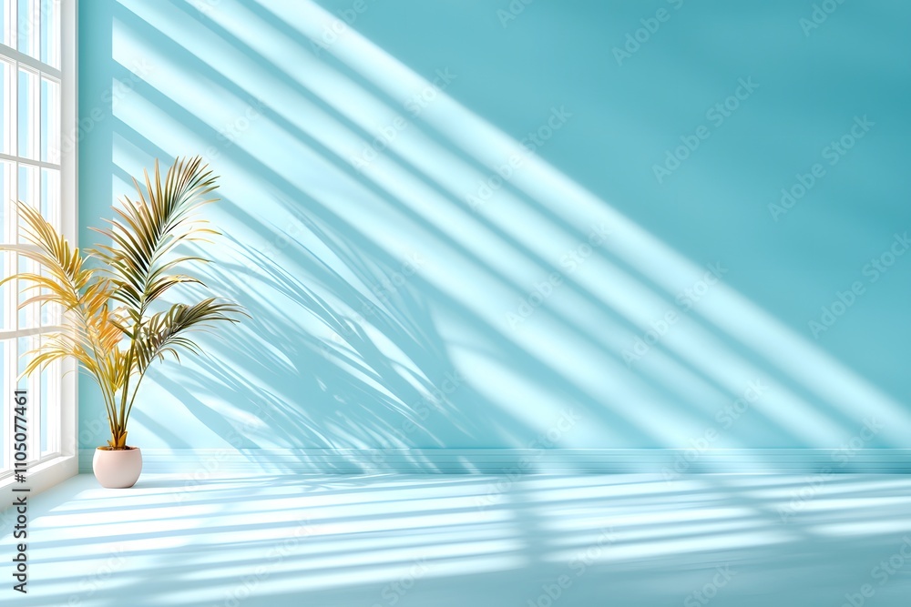 Bright and Airy Indoor Space with Turquoise Wall, Natural Light, and Houseplant Creating a Tranquil Atmosphere for Relaxation and Inspiration Bright and Airy Indoor Space with Turquoise Wall, Natural Light, and Houseplant Creating a Tranquil Atmosphere for Relaxation and Inspiration