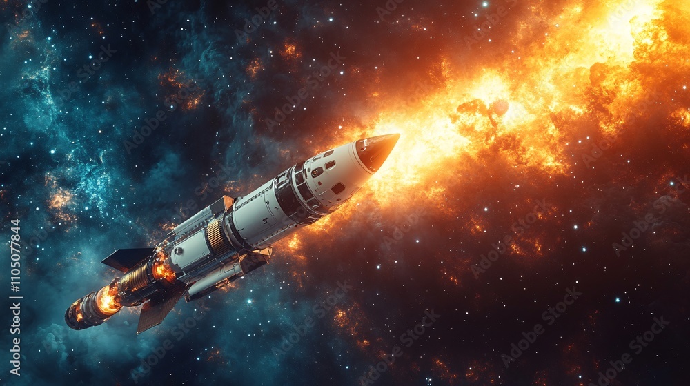 Fototapeta premium Rocket vehicle against a starry backdrop, highlighting its role in space transportation and the quest for new frontiers.
