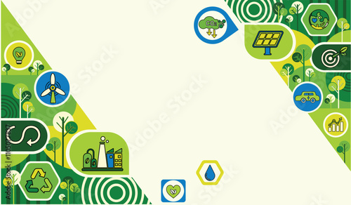 World environment and sustainable development concept with ecology icons template vector flat design, eco friendly and green technology. ESG for business and organization. Net zero and carbon neutral