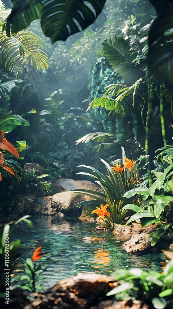 Serene Tropical Oasis: Lush Jungle Stream and Vibrant Flora Serene Tropical Oasis: Lush Jungle Stream and Vibrant Flora