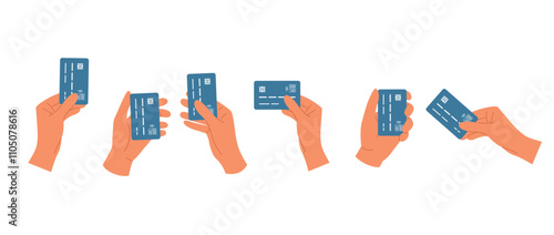 Set of hands holding plastic credit card. Different gestures. Wireless payment concept