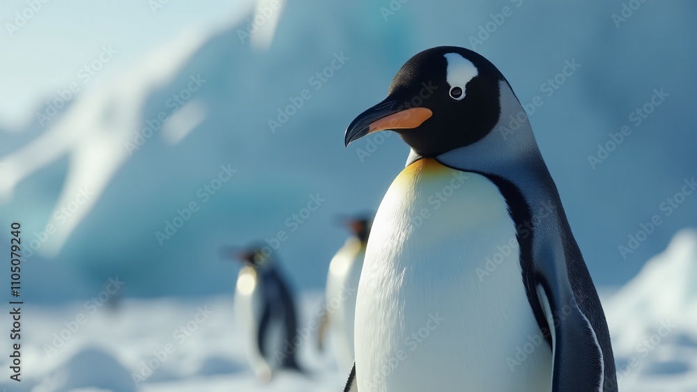 Obraz premium Create a close-up of a penguin on ice, highlighting its black and white feathers, bright eyes, and curved beak. Soft light enhances its charm and resilience in the cold, serene environment.