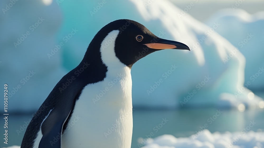 Obraz premium Create a close-up of a penguin on ice, highlighting its black and white feathers, bright eyes, and curved beak. Soft light enhances its charm and resilience in the cold, serene environment.