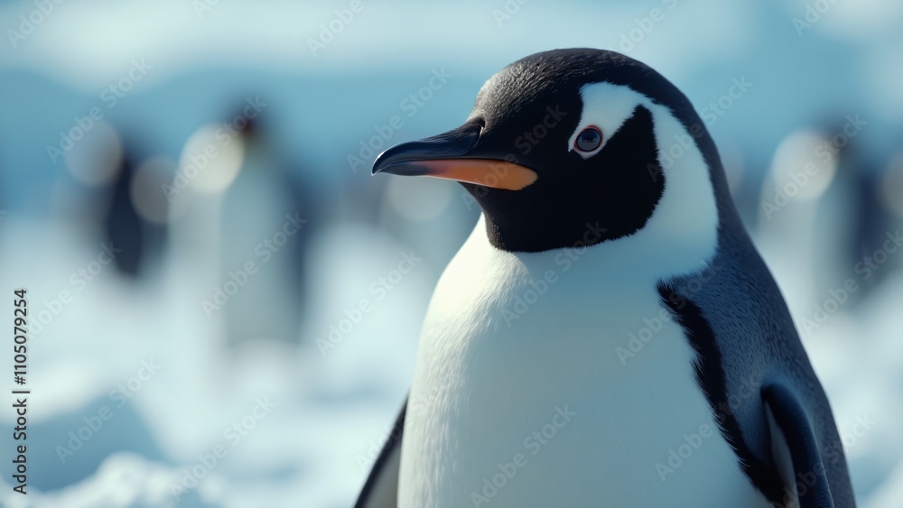 Obraz premium Create a close-up of a penguin on ice, highlighting its black and white feathers, bright eyes, and curved beak. Soft light enhances its charm and resilience in the cold, serene environment.