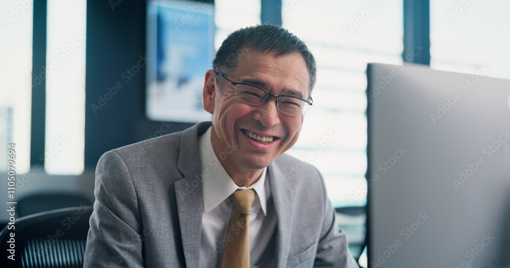 Happy, portrait and Japanese businessman in office with confidence in finance career for company. Smile, pride and mature male financial executive with positive attitude for revenue investment growth Happy, portrait and Japanese businessman in office with confidence in finance career for company. Smile, pride and mature male financial executive with positive attitude for revenue investment growth