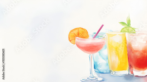 stylish ambiance featuring vibrant drink pairings dynamic flavor experience modern setting, beverage, cocktail, smoothie, presentation, color, garnish cover poster copy space cute soft watercolor