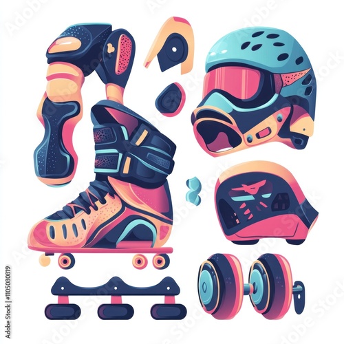 Roller Skating Gear Illustration: Protective Pads, Helmet, and Dumbbells photo