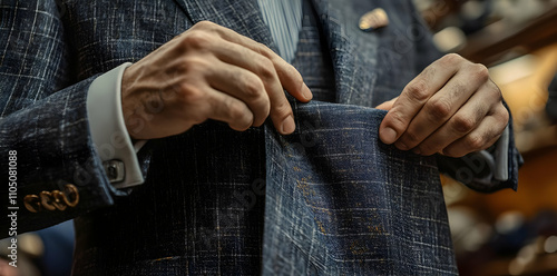 A person adjusting the pocket of a tailored suit, showcasing craftsmanship and style.