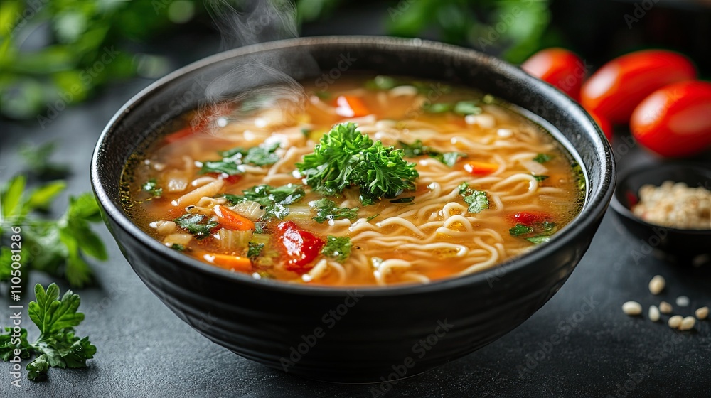 a bowl of hot ramen soup with steaming broth, tender noodles, and colorful toppings. --5 a bowl of hot ramen soup with steaming broth, tender noodles, and colorful toppings. --5