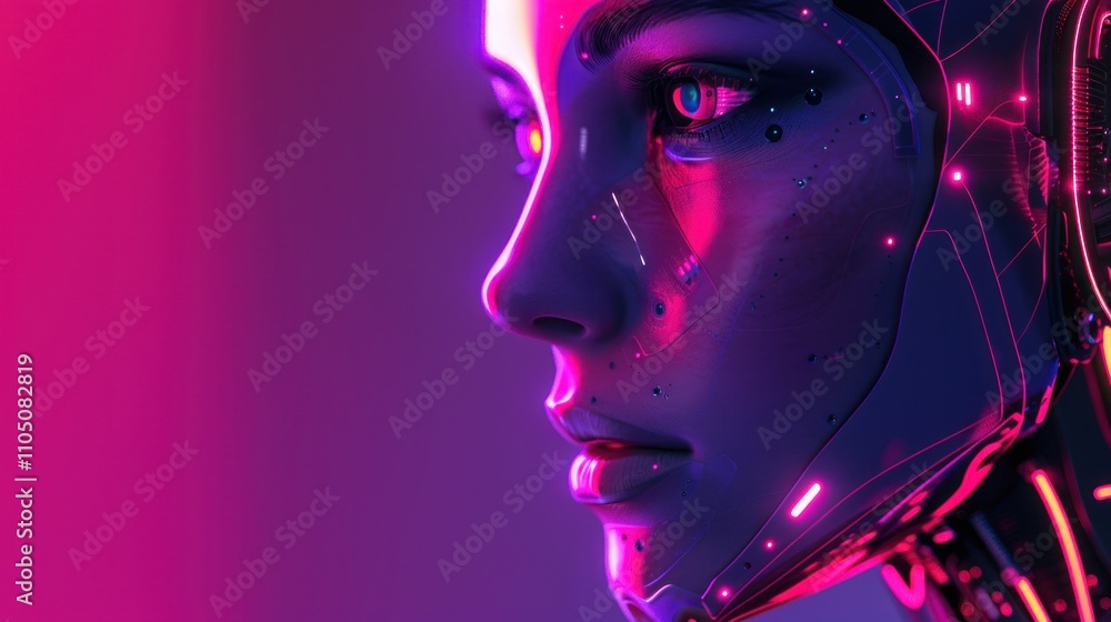 Female humanoid android with advanced AI system in red and purple, AI generated image Female humanoid android with advanced AI system in red and purple, AI generated image