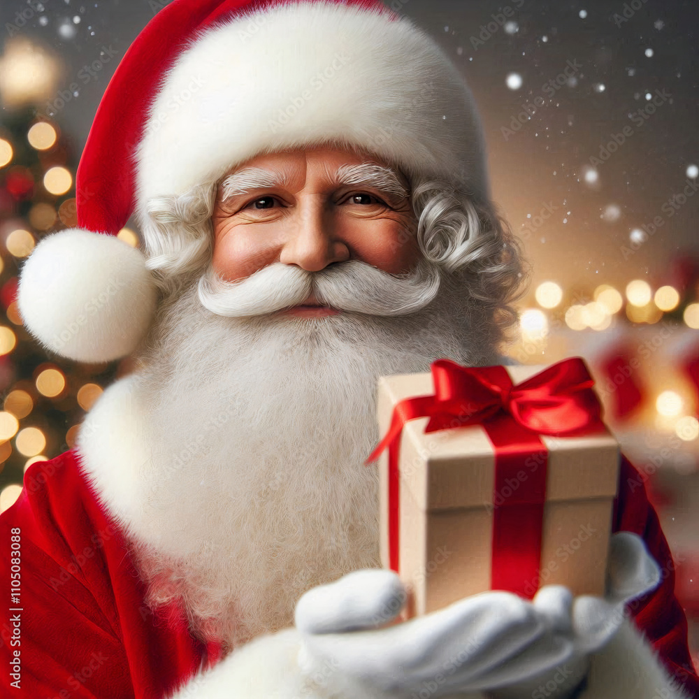 Santa Claus smiling warmly, holding a beautifully wrapped gift box with a red ribbon against a festive holiday background Santa Claus smiling warmly, holding a beautifully wrapped gift box with a red ribbon against a festive holiday background