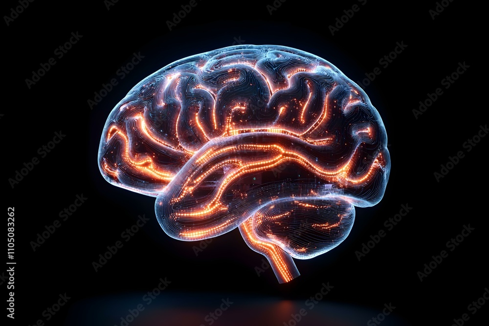 Glowing Brain Displaying Data Processing and Connectivity Glowing Brain Displaying Data Processing and Connectivity