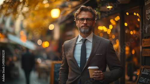  A successful person, wearing a tailored suit, confidently walking while holding a cup of coffee, exuding elegance and professionalism Background.