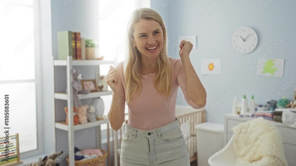 Young blonde woman standing in baby room celebrating success with arms raised and a resounding yes in joyous victory Young blonde woman standing in baby room celebrating success with arms raised and a resounding yes in joyous victory