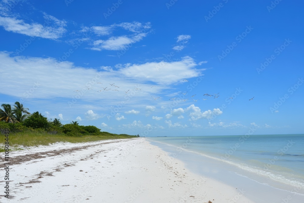 A Flock of Seabirds Soars Above a Sandy Beach at Low Tide on Holbox Island, Mexico A Flock of Seabirds Soars Above a Sandy Beach at Low Tide on Holbox Island, Mexico