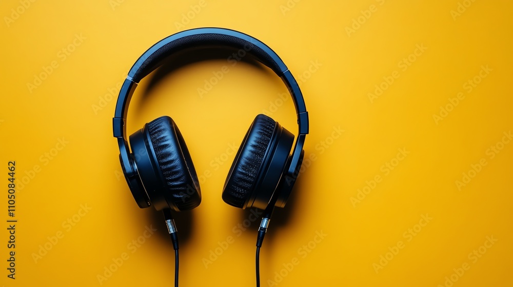 Black headphones on a yellow background. Black headphones on a yellow background.