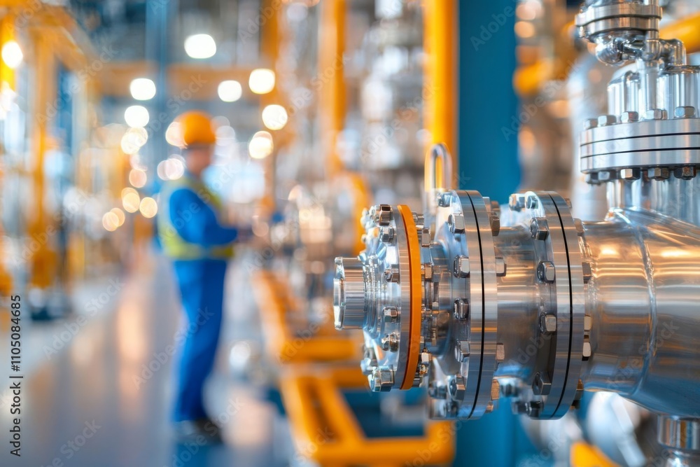 Close-up of modern industrial machinery with a worker in a safety helmet. Close-up of modern industrial machinery with a worker in a safety helmet.