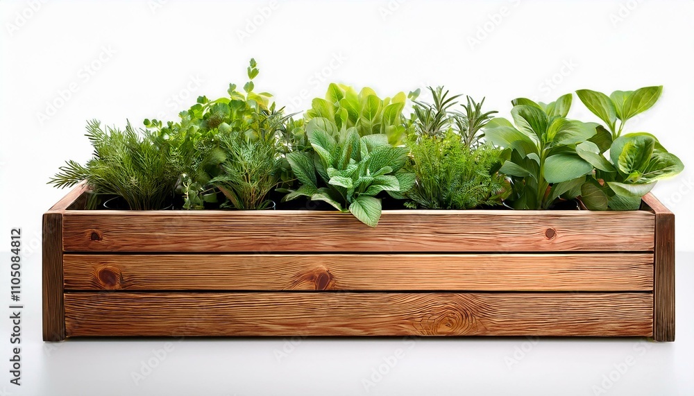 Wooden planter box with plants isolated white background Wooden planter box with plants isolated white background