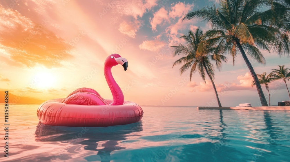 Fototapeta premium Pink Flamingo Float in Tropical Sunset