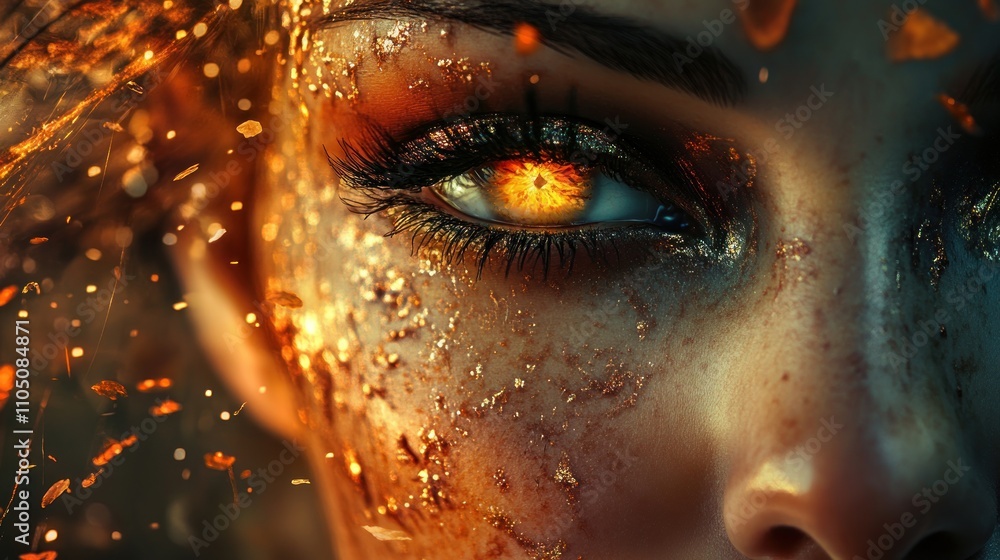 Close-up of a woman's eye with fiery, gold accents. Close-up of a woman's eye with fiery, gold accents.