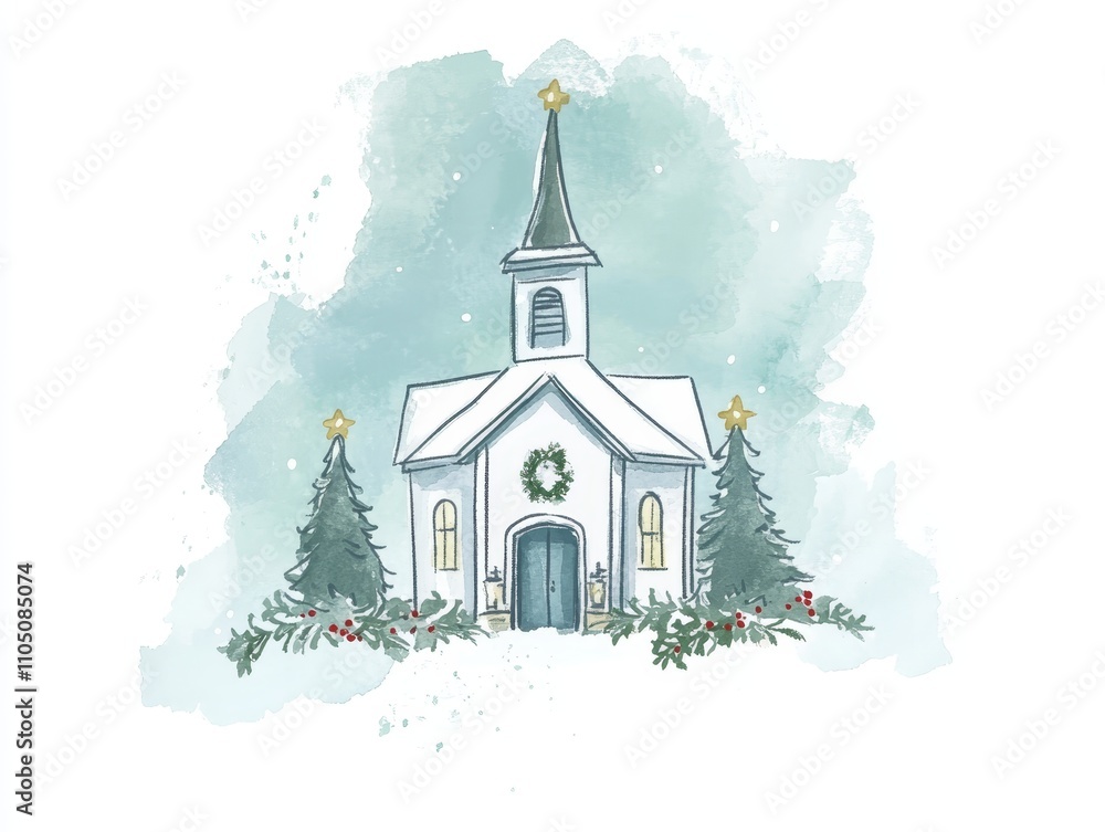 Fototapeta premium Watercolor Christmas Church Winter Scene Holiday Card