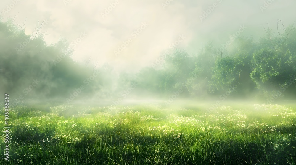 Misty Morning Meadow Enveloped by Green Trees Misty Morning Meadow Enveloped by Green Trees