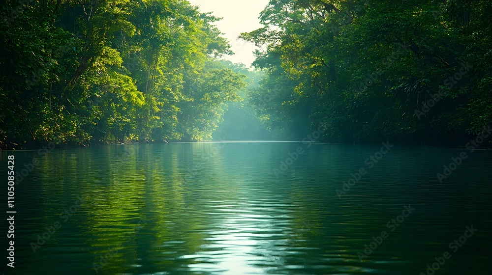A broad, slow-moving river lined with dense trees, ideal for rafting. The water surface is calm, reflecting the serene surroundings. No rafts or people, evoking the peacefulness of nature. A broad, slow-moving river lined with dense trees, ideal for rafting. The water surface is calm, reflecting the serene surroundings. No rafts or people, evoking the peacefulness of nature.