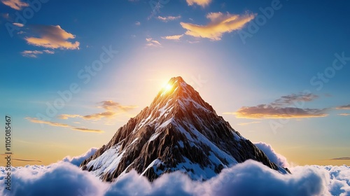 Majestic mountain peak emerging from clouds at sunrise, illuminated by golden light. photo