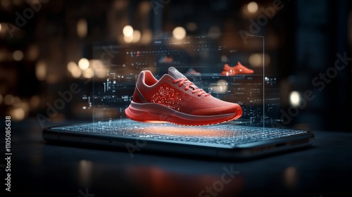 Innovative footwear try-on experience urban environment digital showcase high-tech setting interactive viewpoint virtual shopping concept