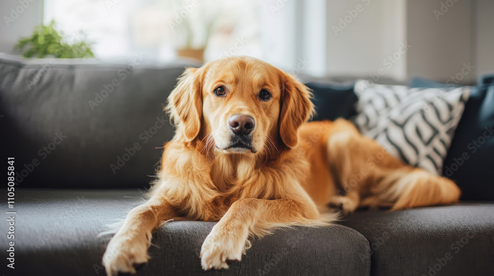 pet dog sitting on sofa, looking directly at camera with calm expression. This golden retriever exudes warmth and companionship in cozy living room setting pet dog sitting on sofa, looking directly at camera with calm expression. This golden retriever exudes warmth and companionship in cozy living room setting