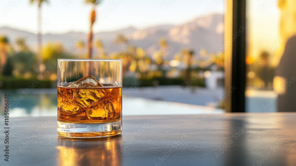 tumbler of whisky on rocks, reflecting warm sunset glow, surrounded by palm trees and serene pool view. This evokes relaxation and luxury tumbler of whisky on rocks, reflecting warm sunset glow, surrounded by palm trees and serene pool view. This evokes relaxation and luxury