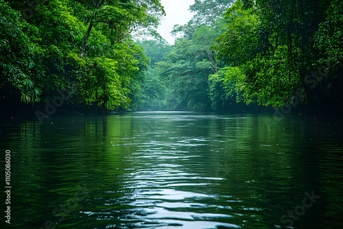 A broad, slow-moving river lined with dense trees, ideal for rafting. The water surface is calm, reflecting the serene surroundings. No rafts or people, evoking the peacefulness of nature.