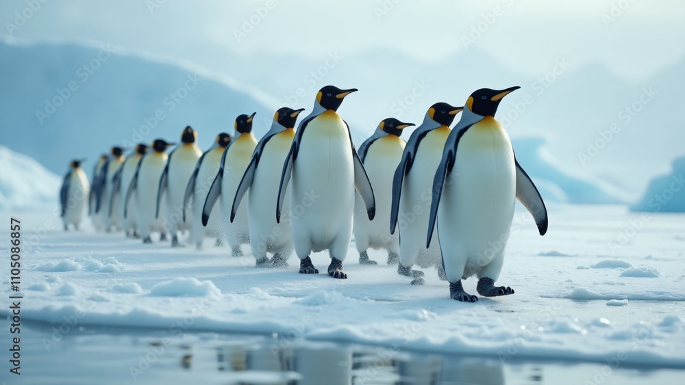 Obraz premium Design an image of penguins waddling together in a tight-knit formation across the ice. The snowy landscape and falling snowflakes evoke a sense of community and survival in the cold.