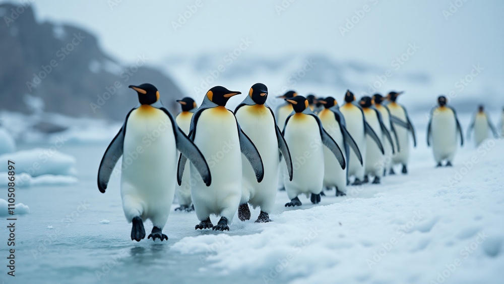 Fototapeta premium Design an image of penguins waddling together in a tight-knit formation across the ice. The snowy landscape and falling snowflakes evoke a sense of community and survival in the cold.