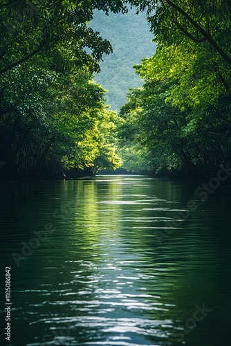 A broad, slow-moving river lined with dense trees, ideal for rafting. The water surface is calm, reflecting the serene surroundings. No rafts or people, evoking the peacefulness of nature.
